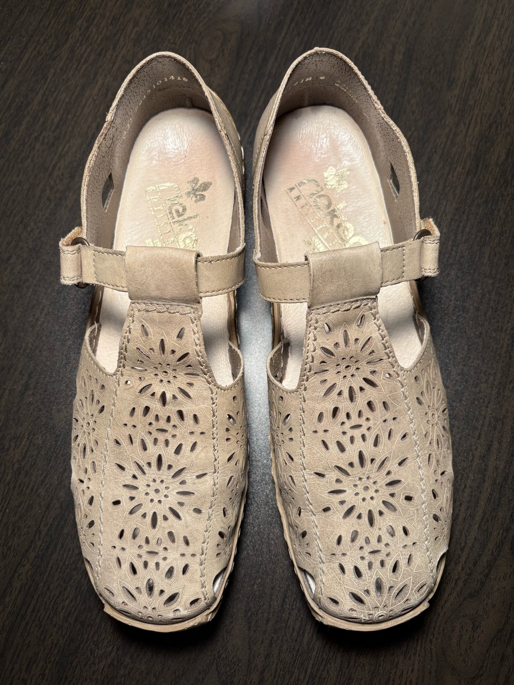 Rieker Antistress Women's Beige Leather Floral-Cut Shoes with T-strap Closure